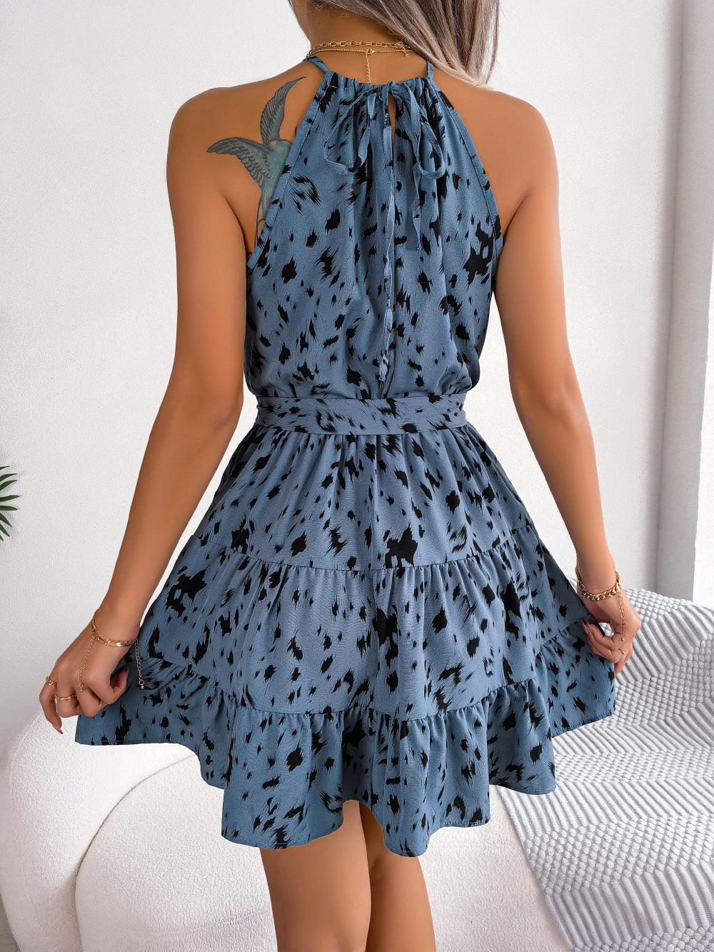 Halter Neck Printed Tie Waist Sleeveless Mini Dress - Trendy by Luna