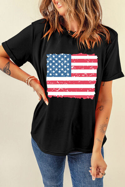 US Flag Round Neck Short Sleeve T-Shirt - Trendy by Luna