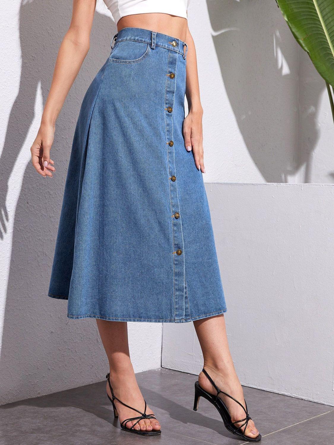 Buttoned Midi Denim Skirt with Pockets - Trendy by Luna