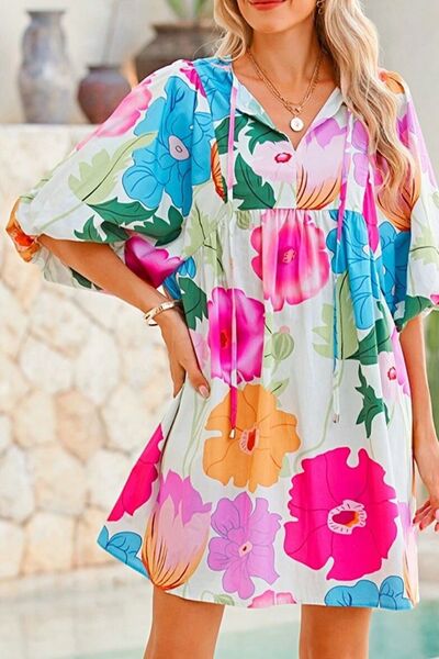 Floral Print Tie Neck Babydoll Dress - Trendy by Luna