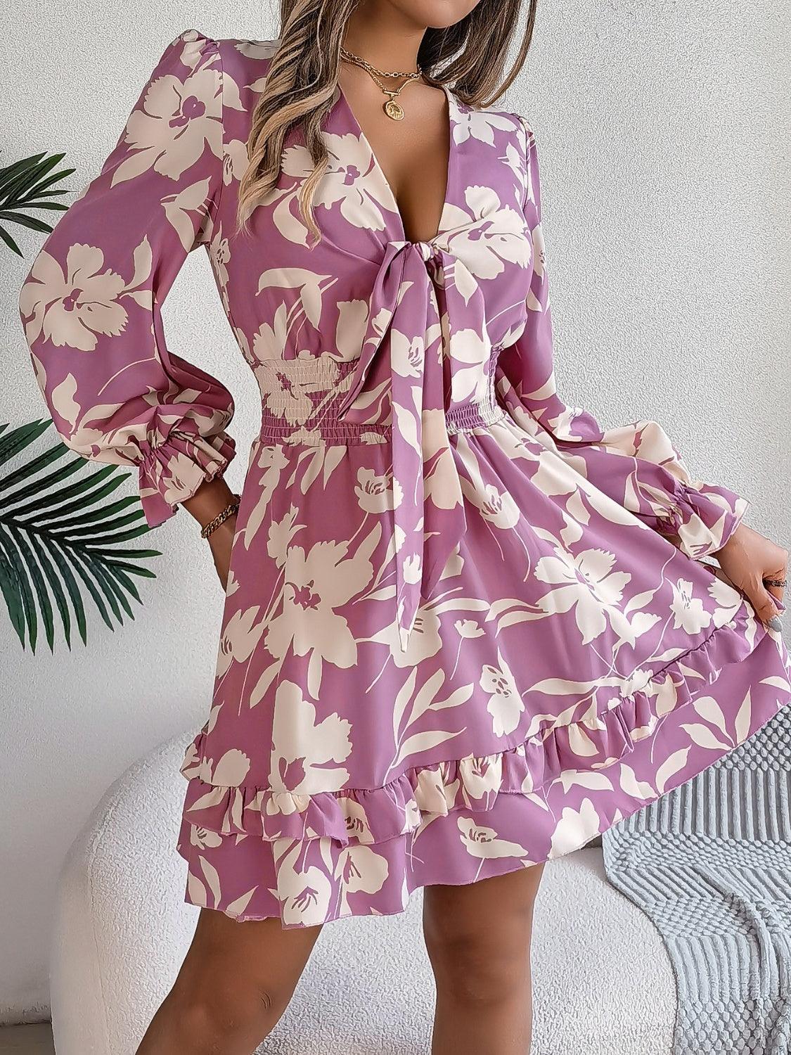 Tied Ruffled Printed Long Sleeve Dress - Trendy by Luna