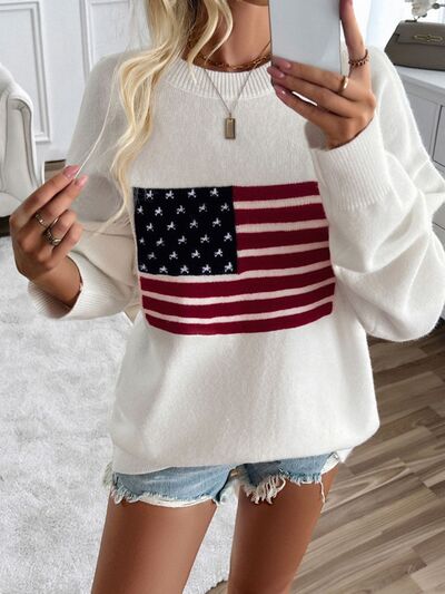 Devine US Flag Round Neck Long Sleeve Knit Top - Trendy by Luna