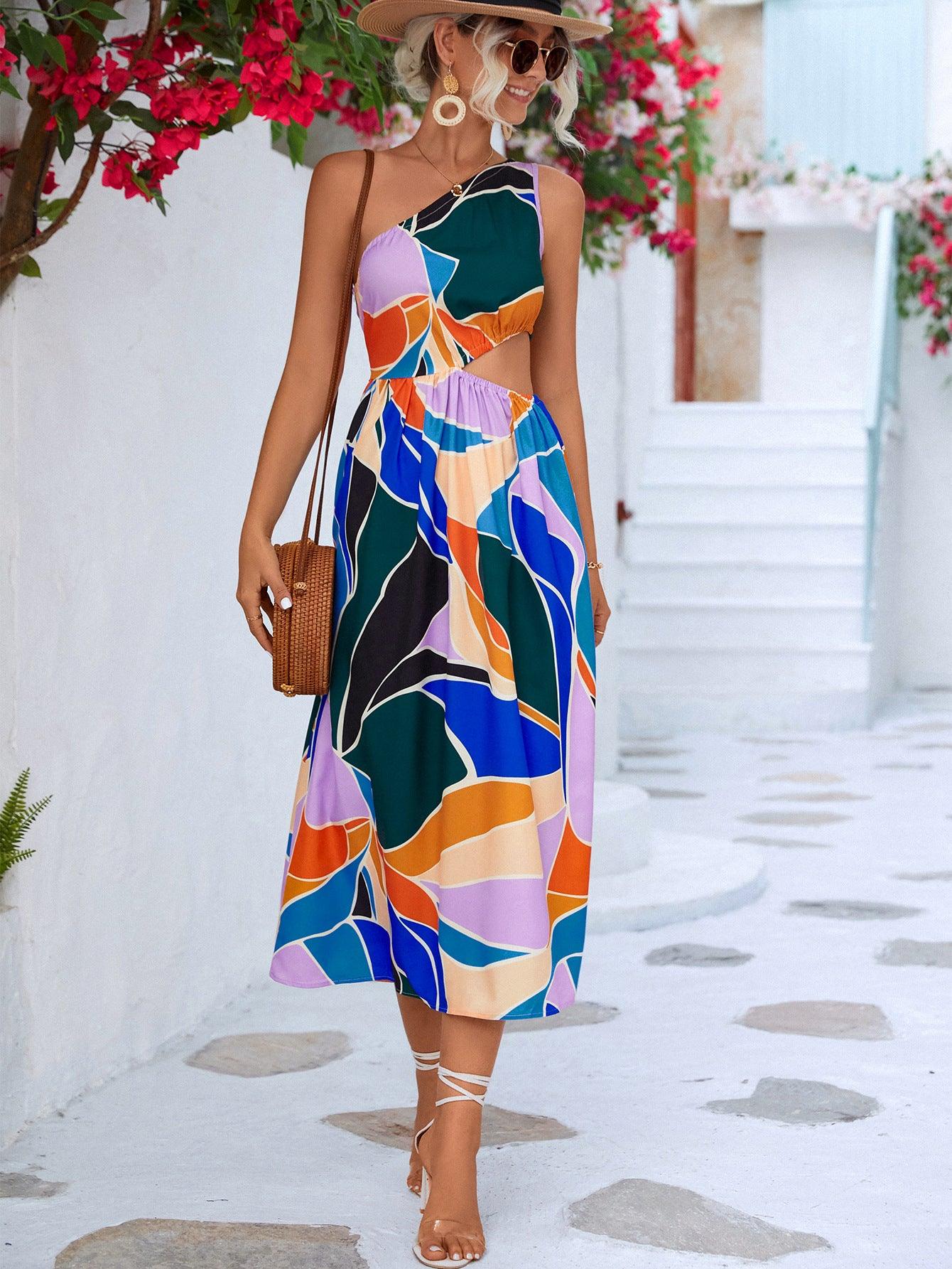 Printed Cutout One-Shoulder Sleeveless Dress - Trendy by Luna