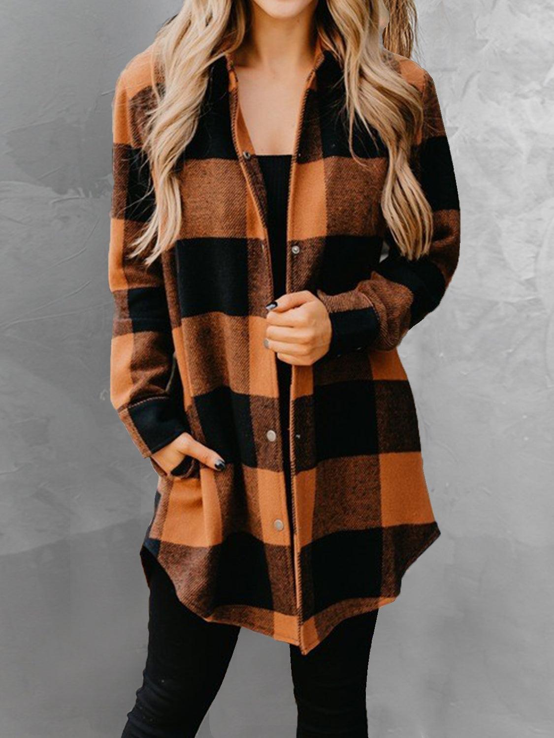 Plaid Snap Down Long Sleeve Jacket - Trendy by Luna