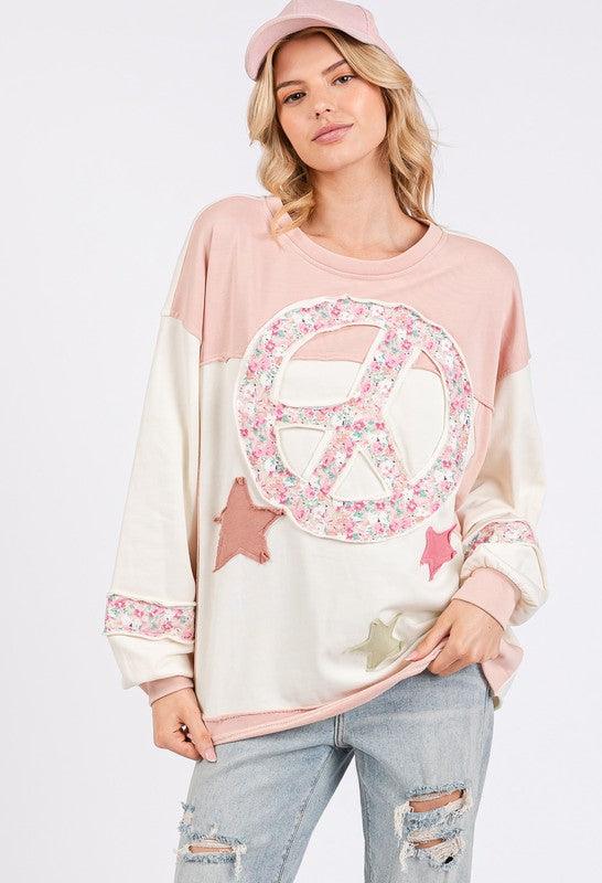 Peace & Star Patch Contrast Round Neck Sweatshirt - Trendy by Luna