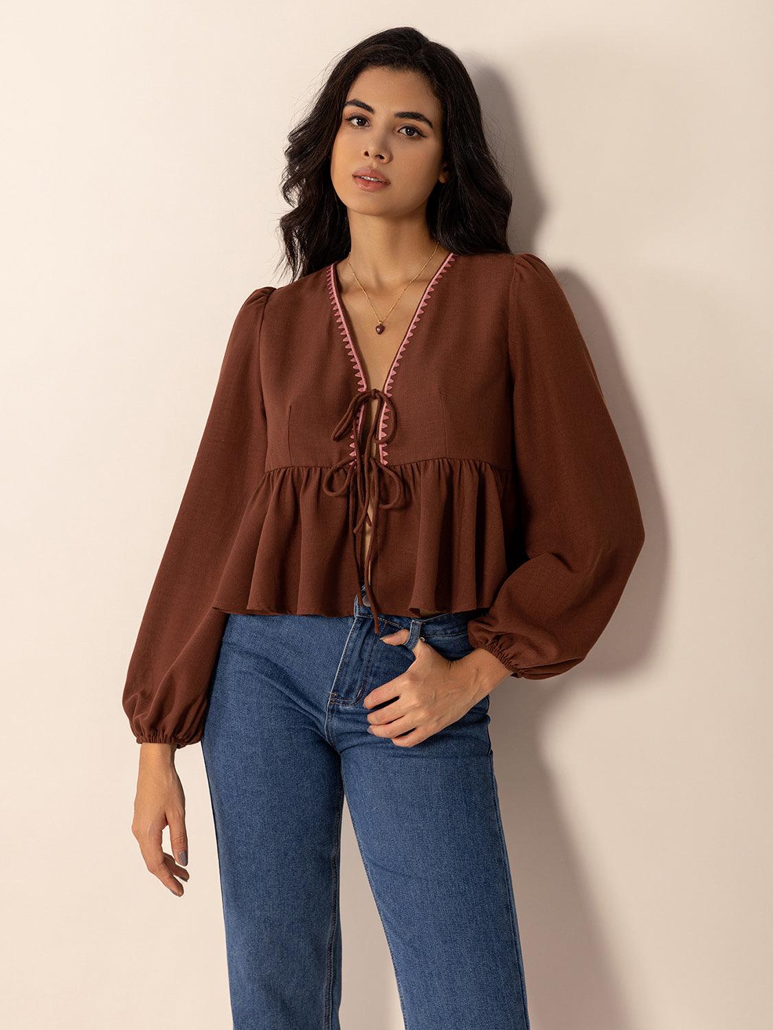 Peplum Tied V-Neck Long Sleeve Blouse - Trendy by Luna