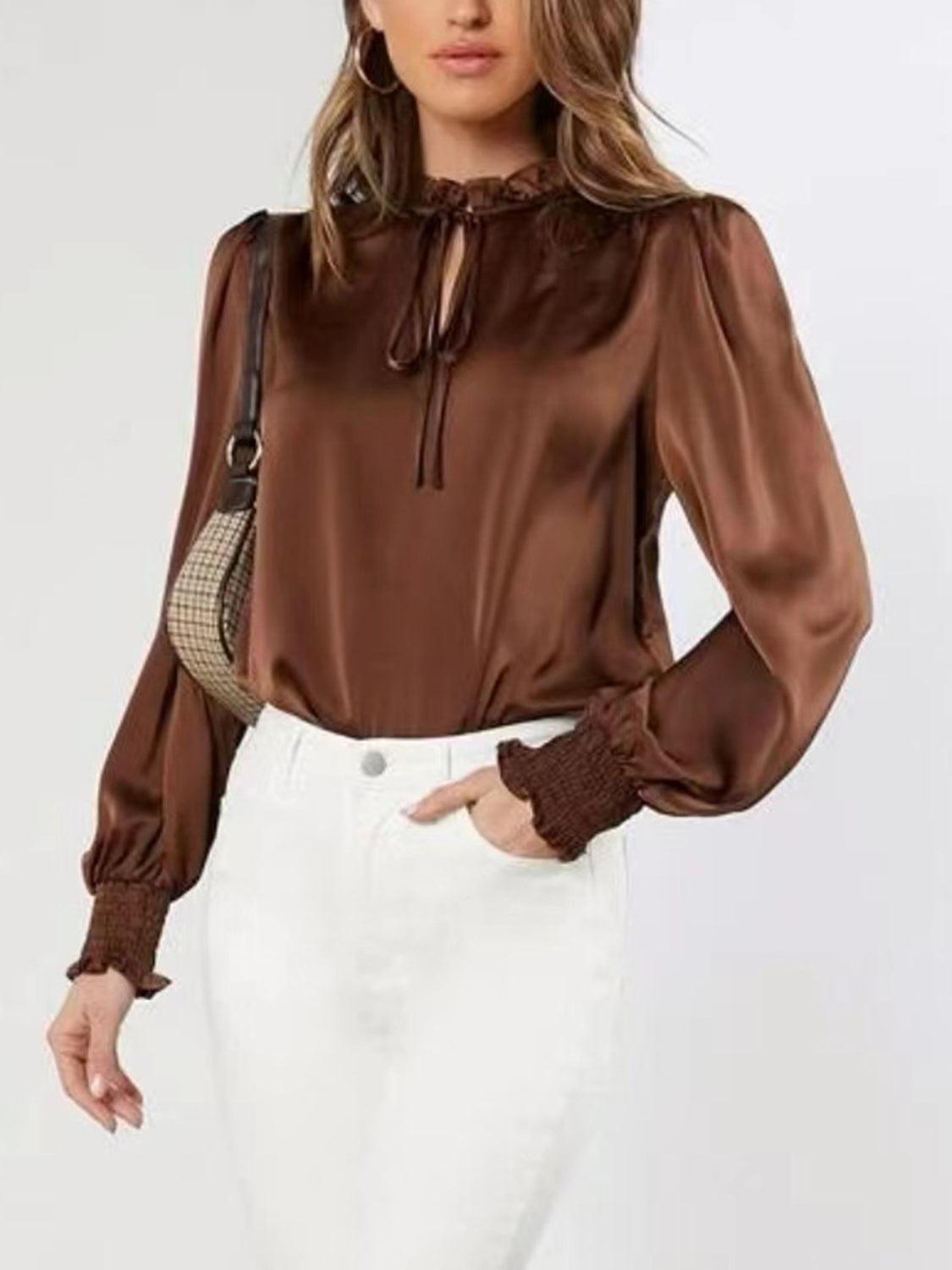 Frill Tied Lantern Sleeve Blouse - Trendy by Luna