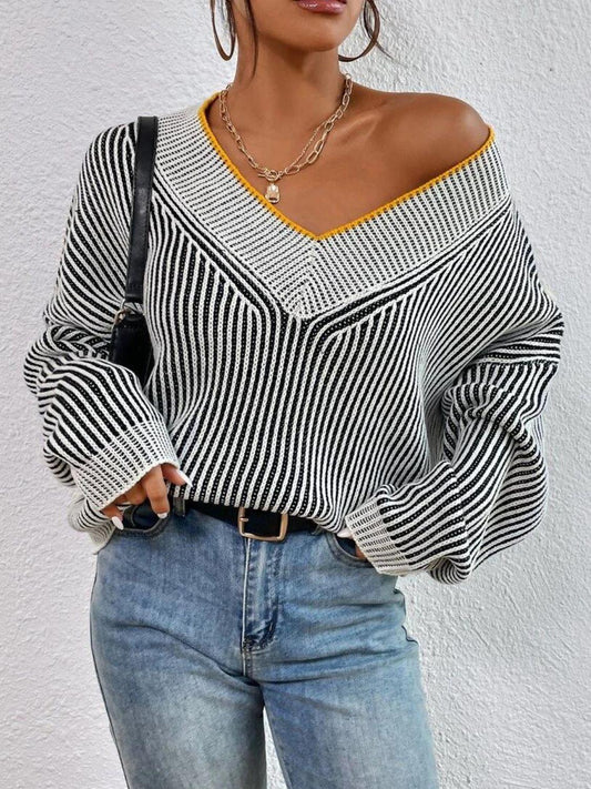 Trendy Striped V-Neck Long Sleeve Sweater - Trendy by Luna