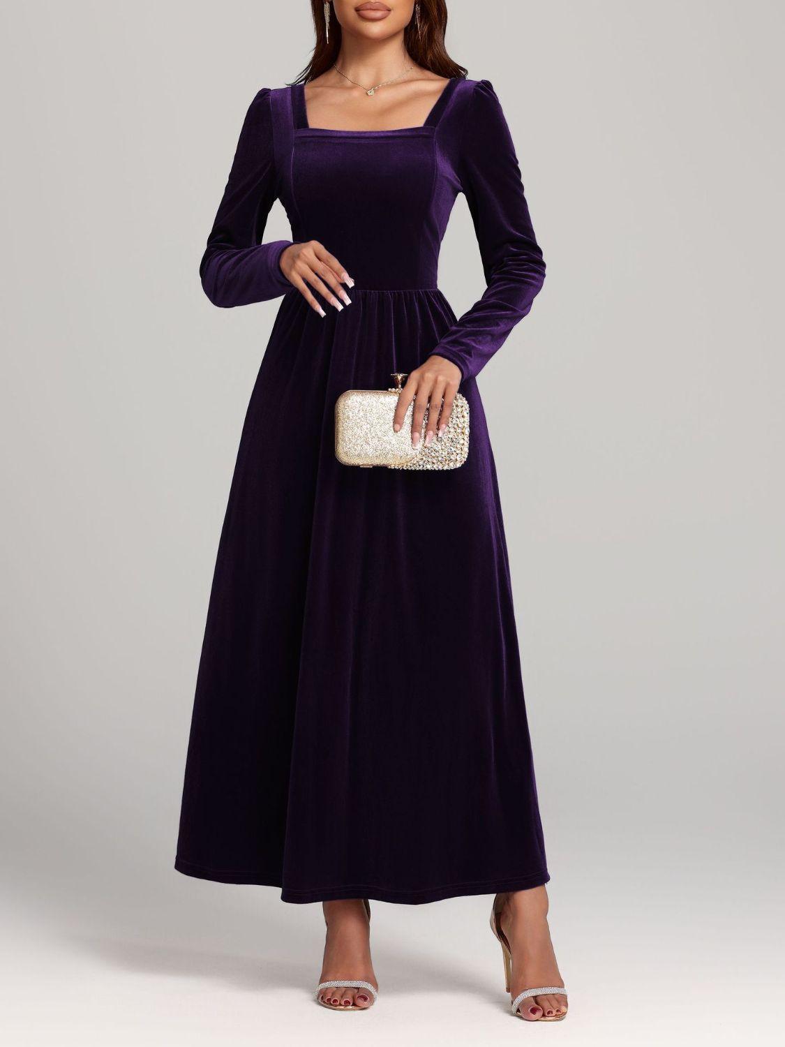 Velvet Square Neck Long Sleeve Dress - Trendy by Luna