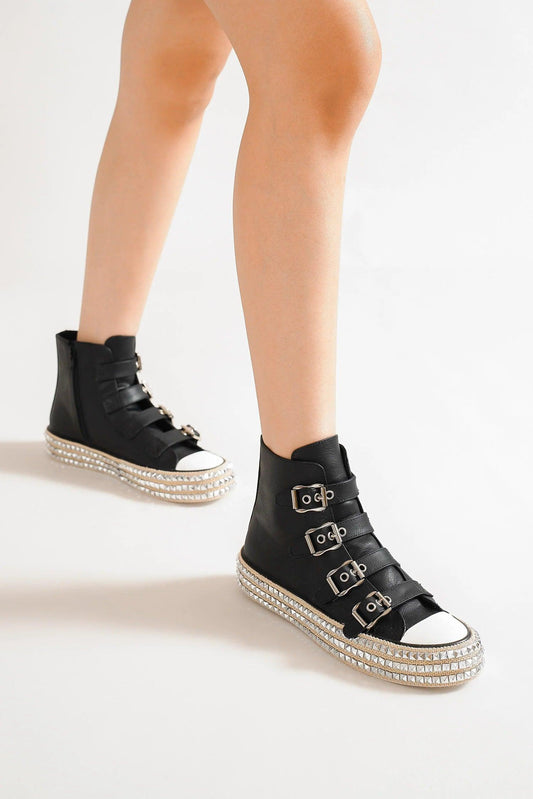 Beast Fashion Multi-Buckle Straps Studded Platform Sneakers - Trendy by Luna