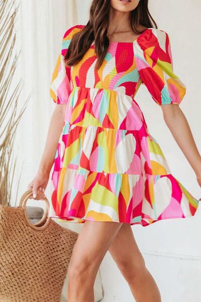 Smocked Printed Puff Sleeve Mini Dress - Trendy by Luna