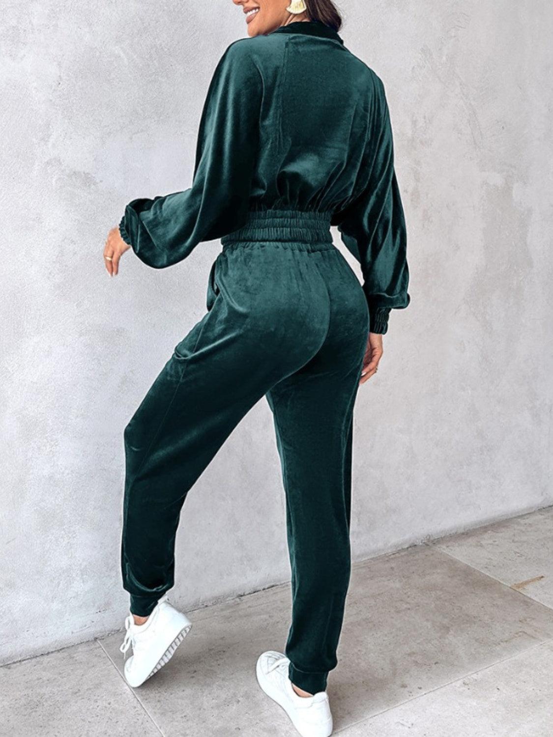 Zip Up Long Sleeve Cropped Top and Joggers Set - Trendy by Luna