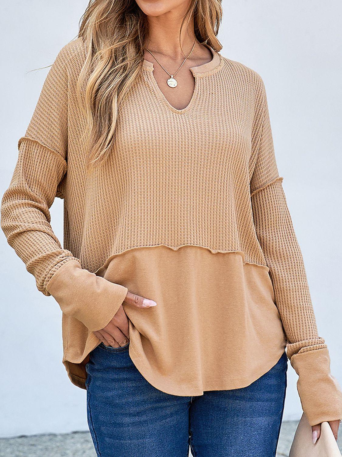 Waffle-Knit Notched Long Sleeve T-Shirt - Trendy by Luna