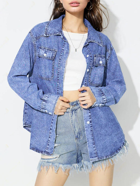 Curved Hem Collared Neck Denim Top - Trendy by Luna