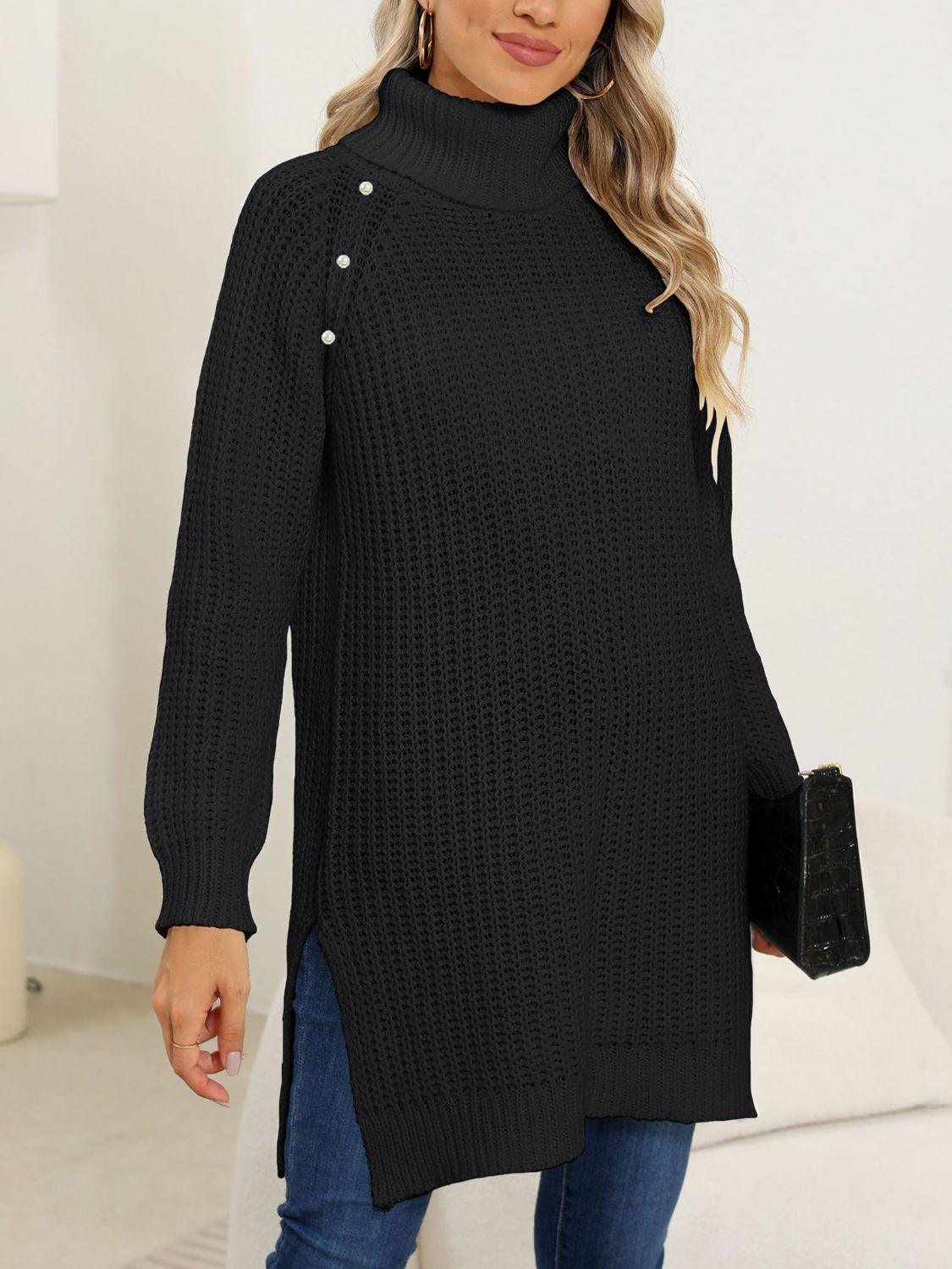 Slit Turtleneck Long Sleeve Sweater - Trendy by Luna