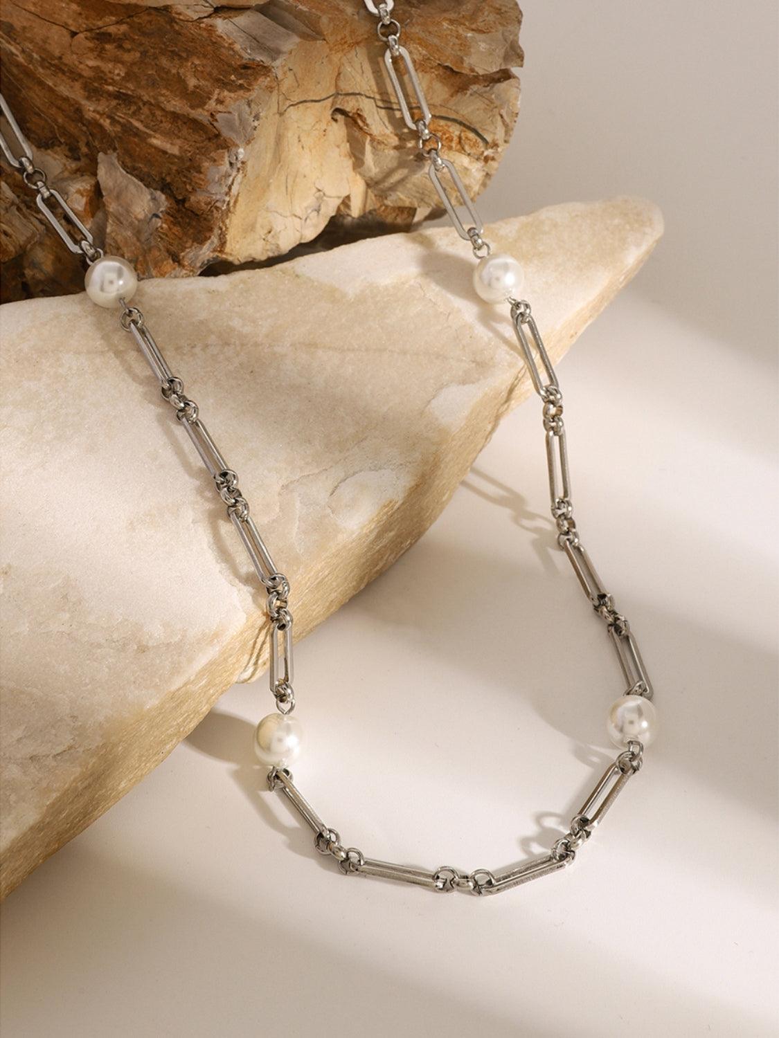 Stainless Steel Pearl Chain Necklace - Trendy by Luna