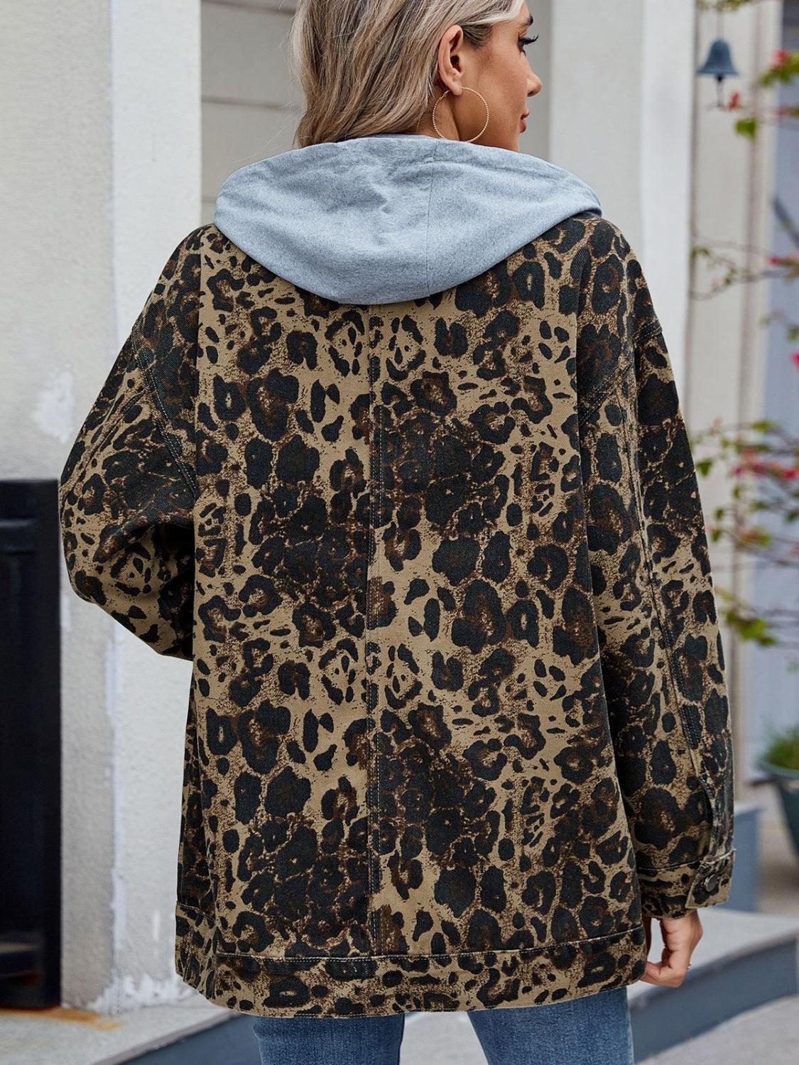 Leopard Button Up Drop Shoulder Denim Jacket - Trendy by Luna