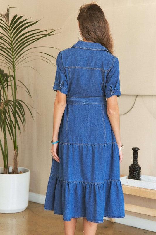 Tiered Button Down Tie Waist Short Sleeve Denim Dress - Trendy by Luna