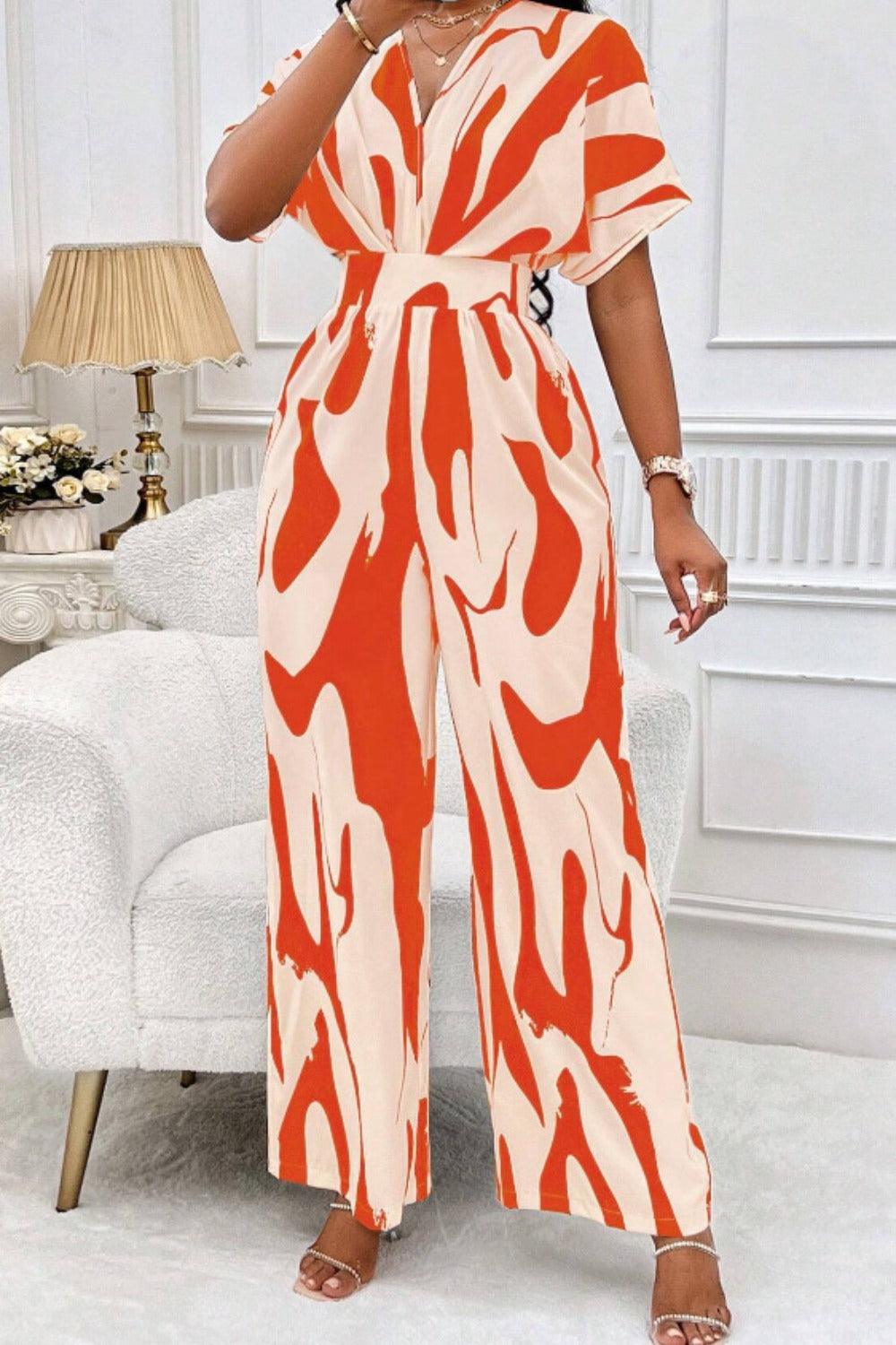 Printed V-Neck Short Sleeve Wide Leg Jumpsuit - Trendy by Luna