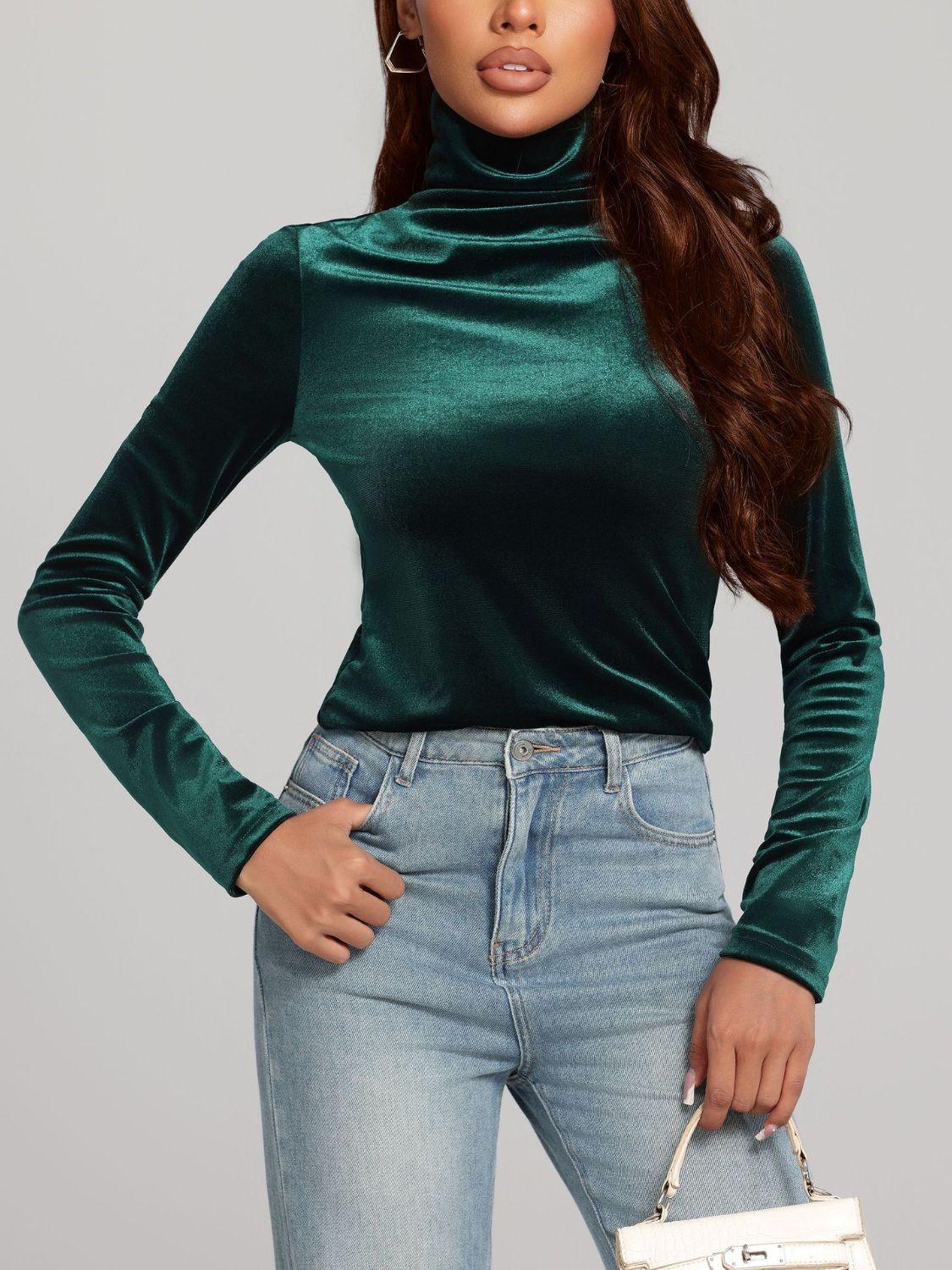 Solid Color Turtleneck Long Sleeve Top - Trendy by Luna