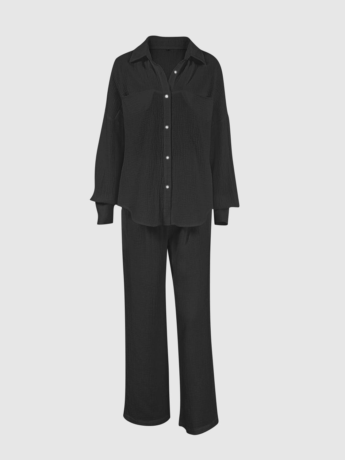 Texture Button Up Long Sleeve Shirt and Pants Set - Trendy by Luna