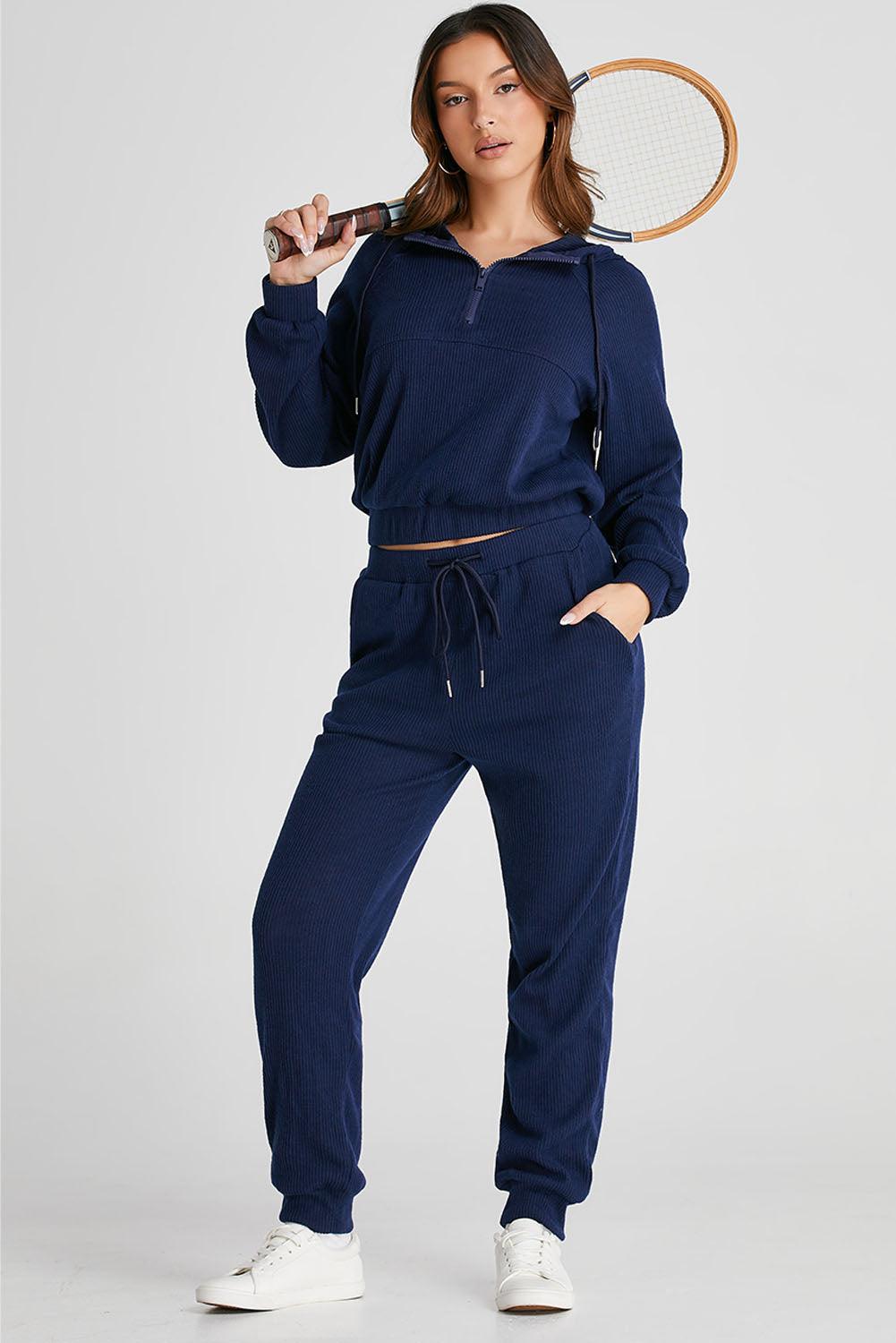 Drawstring Half Zip Hoodie and Joggers Active Set - Trendy by Luna