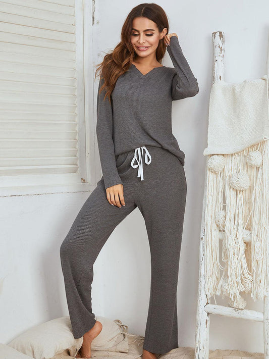 Notched Long Sleeve Top and Pants Set - Trendy by Luna