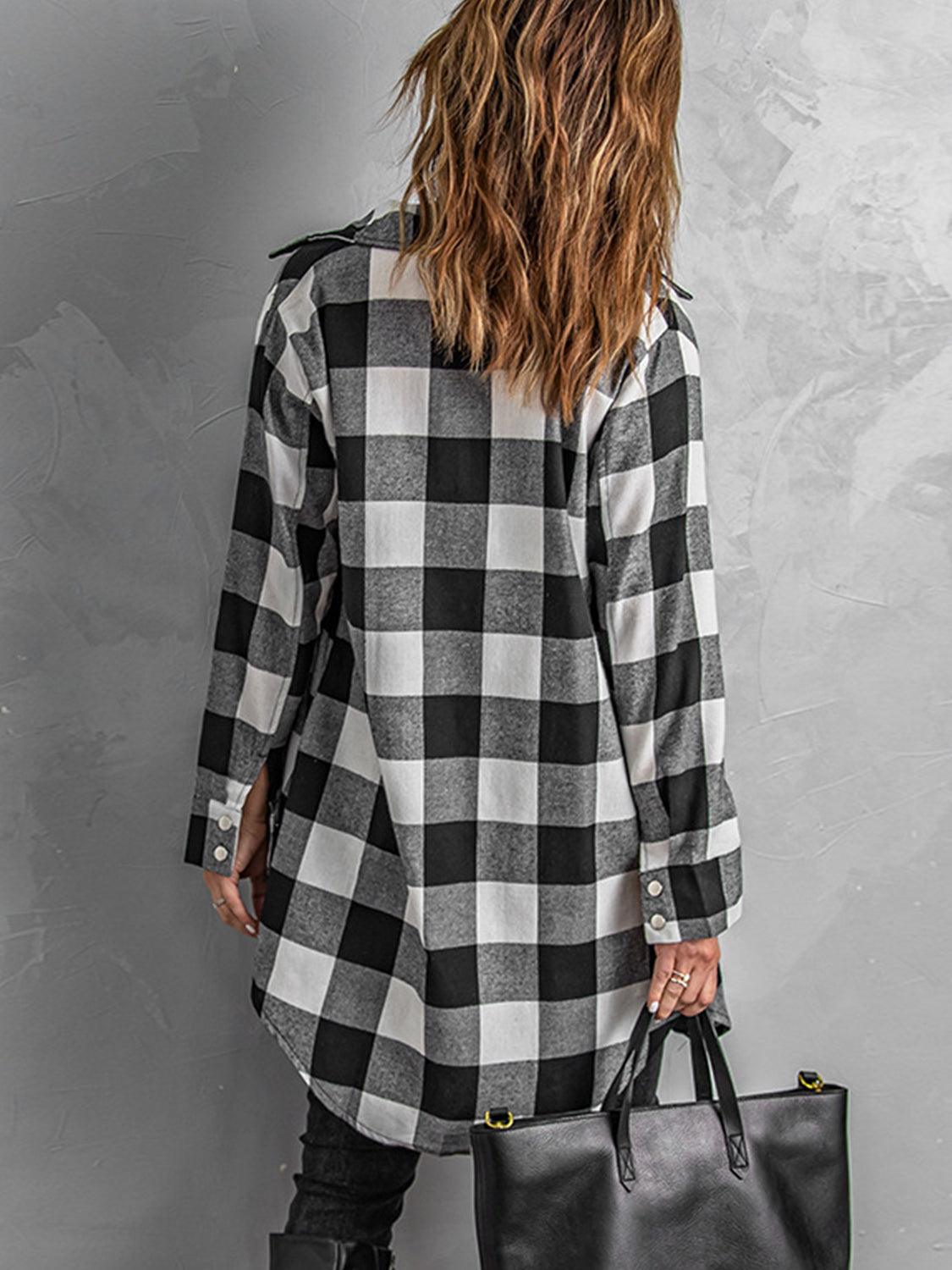 Plaid Snap Down Long Sleeve Jacket - Trendy by Luna