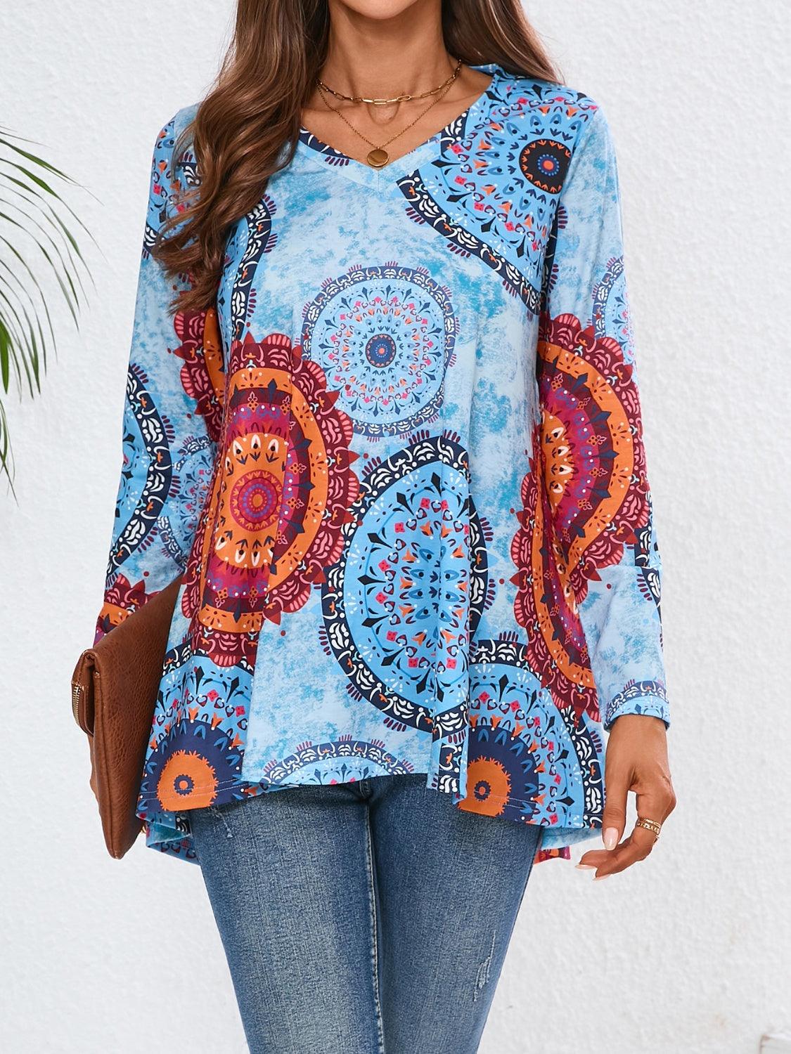 Geometric Printed V-Neck Long Sleeve T-Shirt - Trendy by Luna