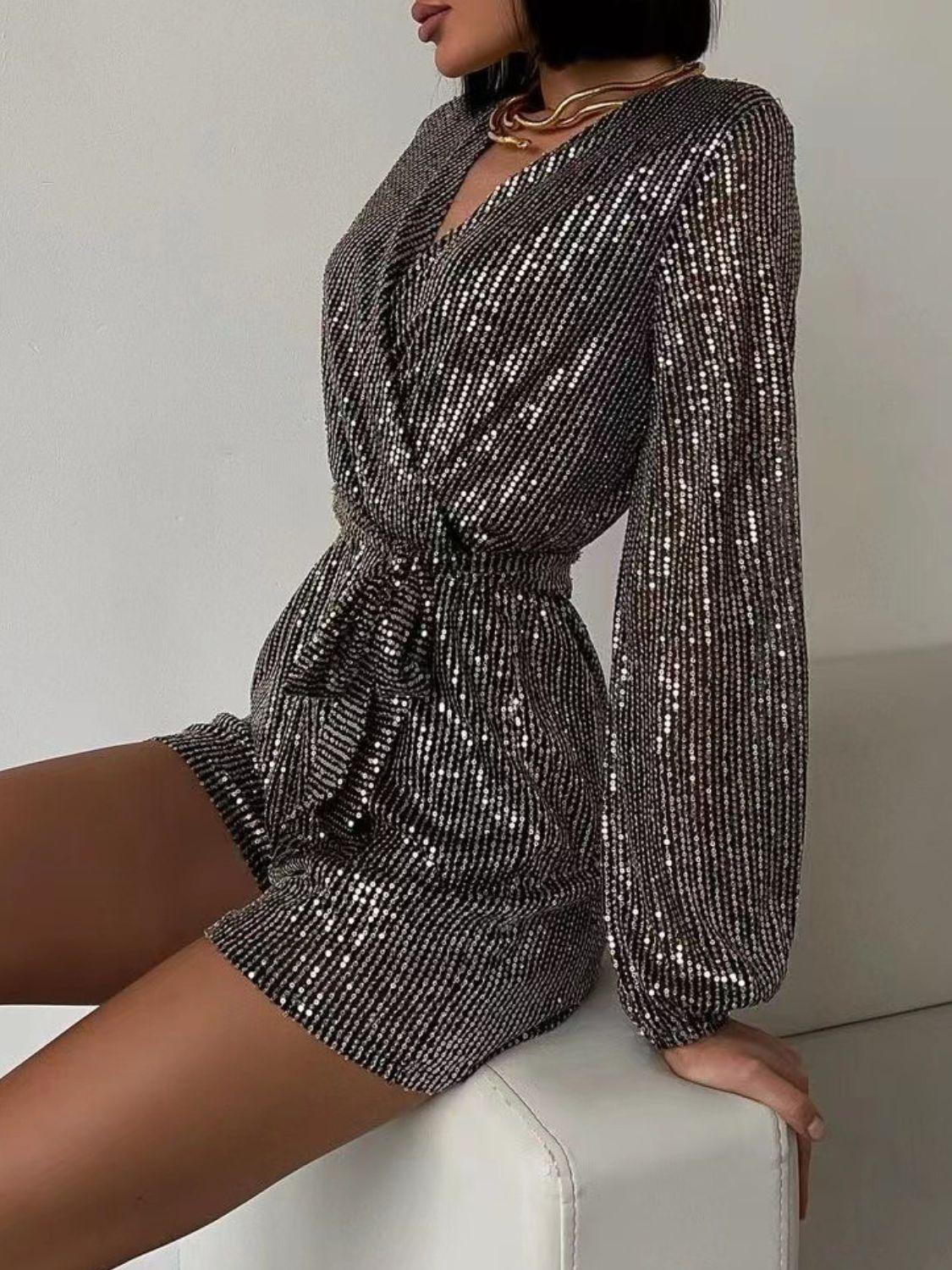 Full Size Sequin Surplice Tie Waist Long Sleeve Romper - Trendy by Luna