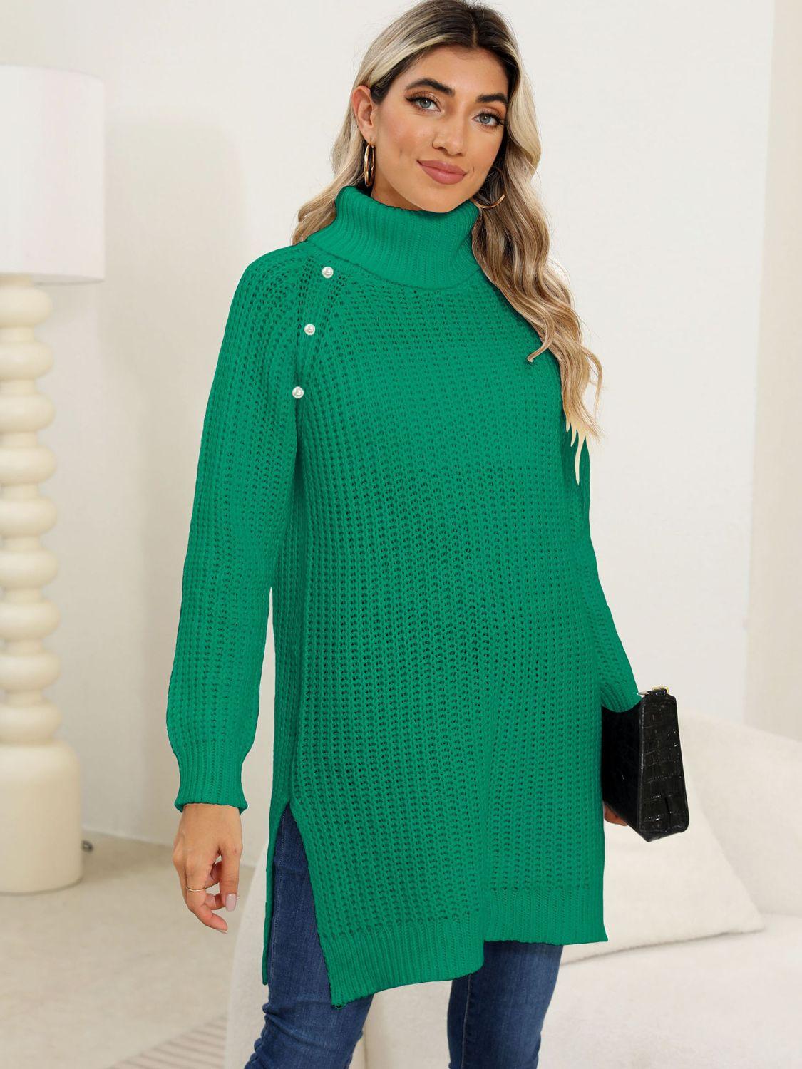 Slit Turtleneck Long Sleeve Sweater - Trendy by Luna