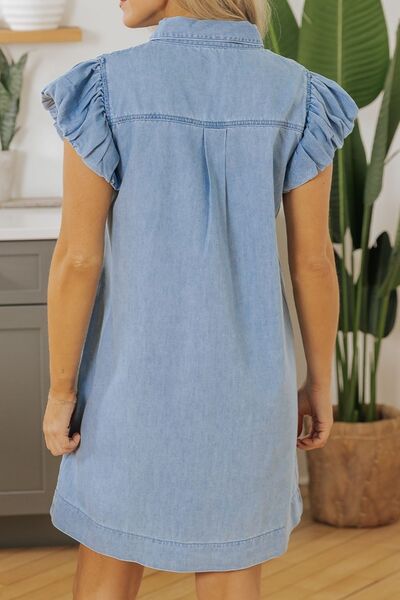 Smocked Collared Neck Cap Sleeve Denim Dress - Trendy by Luna