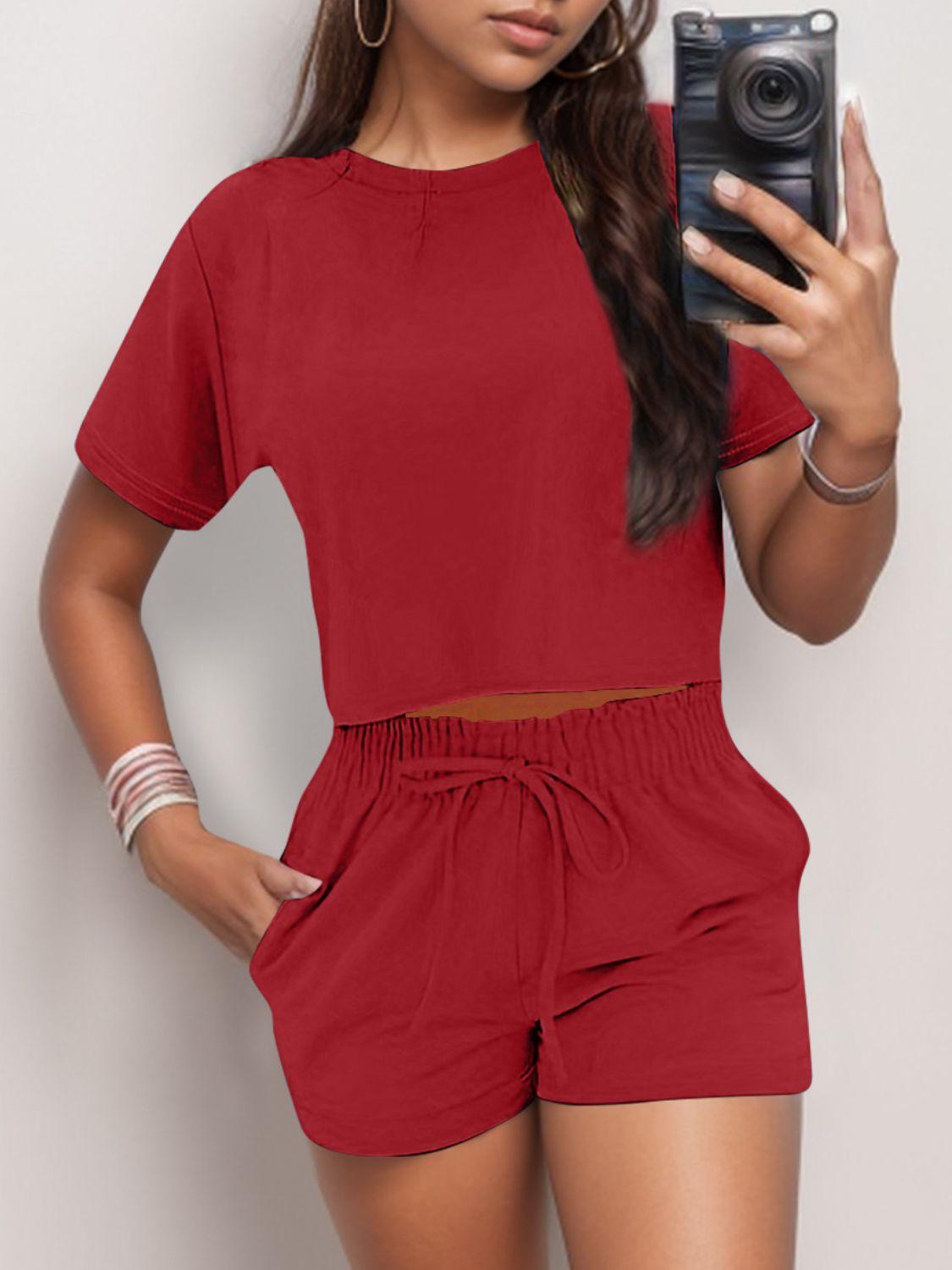 Full Size Round Neck Short Sleeve Top and Shorts Set - Trendy by Luna