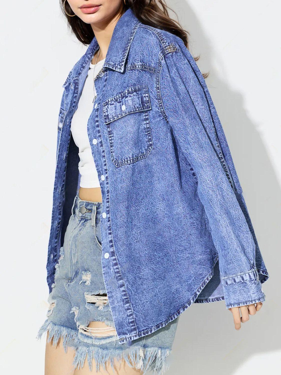 Curved Hem Collared Neck Denim Top - Trendy by Luna