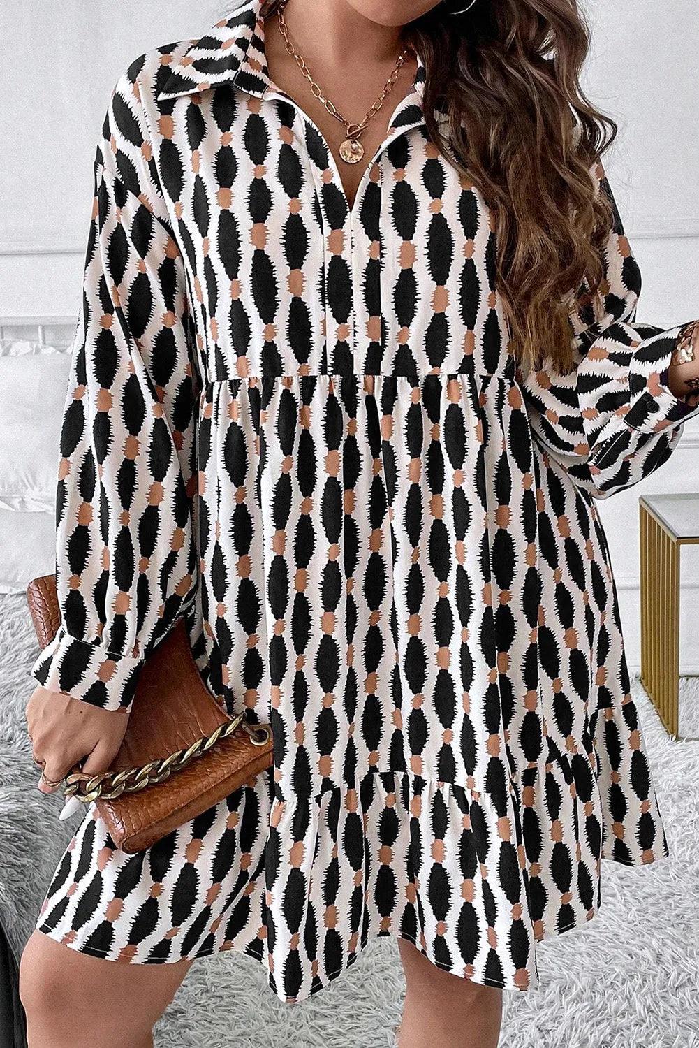 Plus Size Printed Johnny Collar Long Sleeve Dress - Trendy by Luna