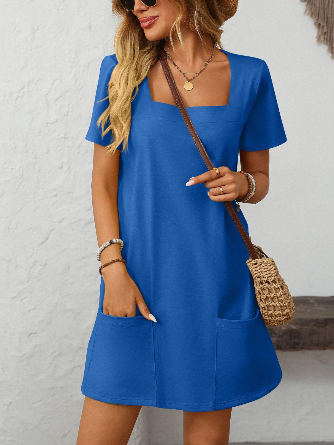 Square Neck Short Sleeve Mini Dress - Trendy by Luna