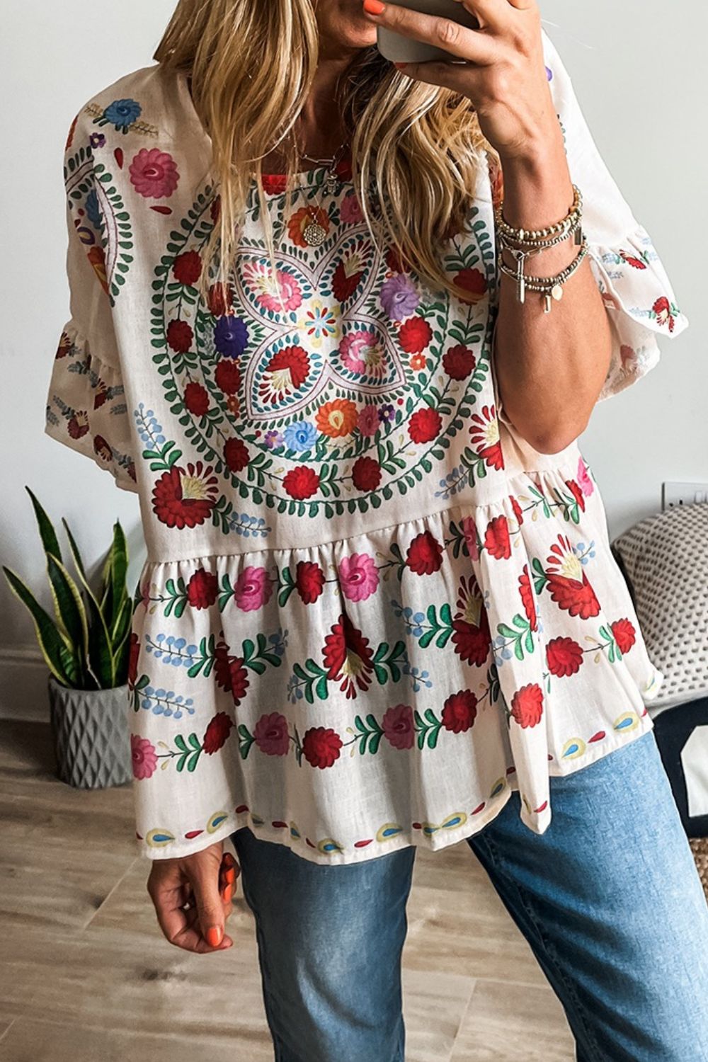 Floral Print Round Neck Ruffle Trim Blouse - Trendy by Luna