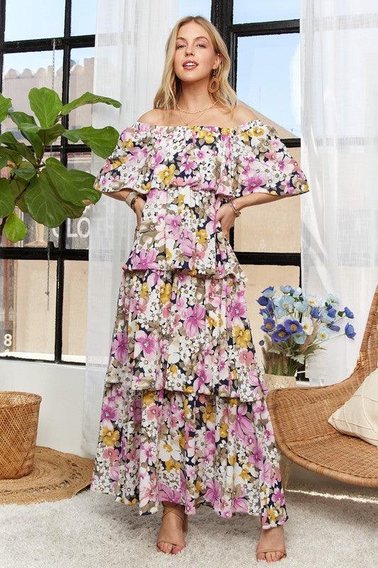 ADORA Layered Floral Off-Shoulder Short Sleeve Maxi Dress - Trendy by Luna