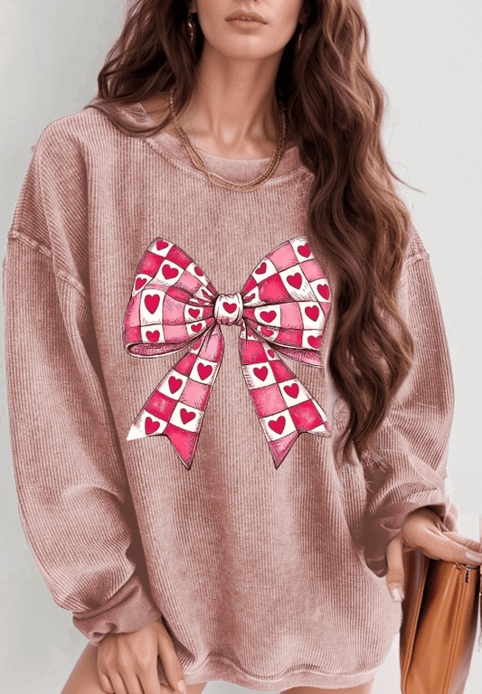 Valentine’s Day Bow Drop Shoulder Long Sleeve Sweatshirt - Trendy by Luna