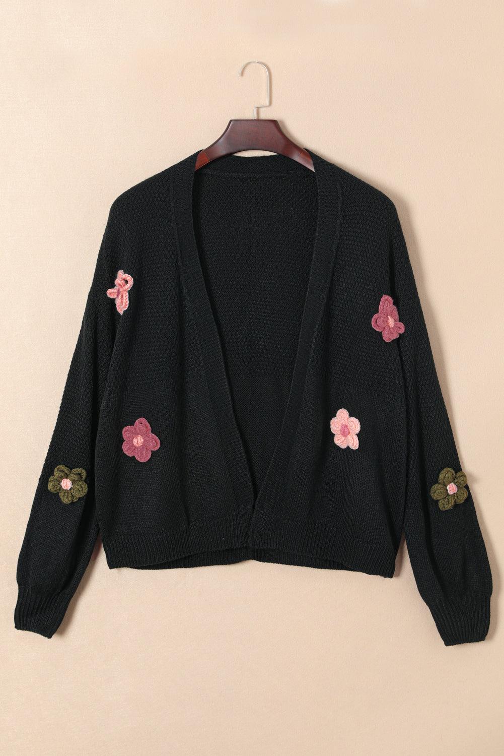 Floral Applique Drop Shoulder Open Front Cardigan - Trendy by Luna