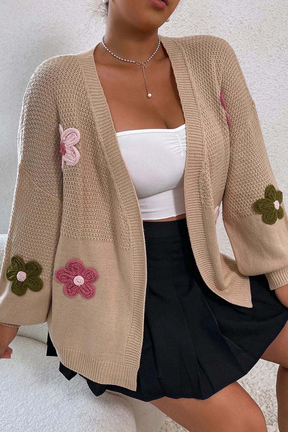 Floral Applique Drop Shoulder Open Front Cardigan - Trendy by Luna