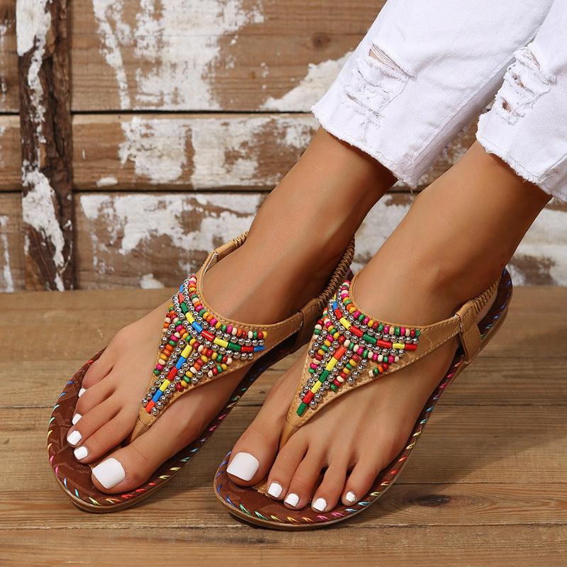 PU Leather Beaded Flat Sandals - Trendy by Luna