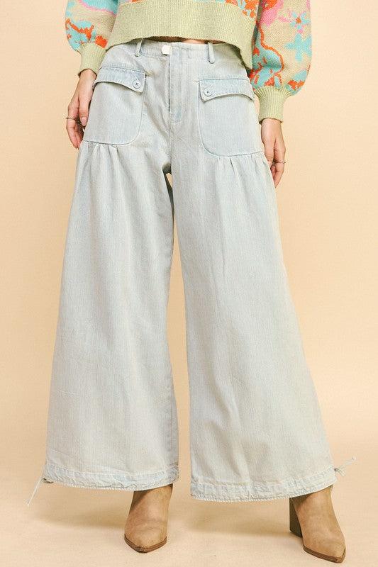 Drawstring Hem Wide Leg Mid Rise Jeans - Trendy by Luna