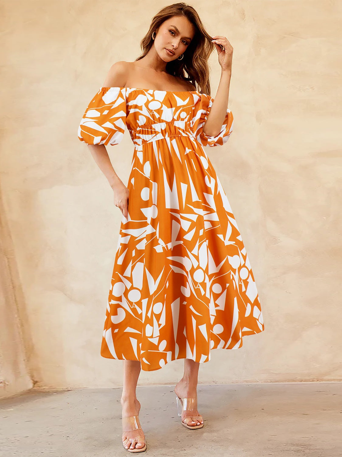 Printed Off-Shoulder Balloon Sleeve Dress - Trendy by Luna