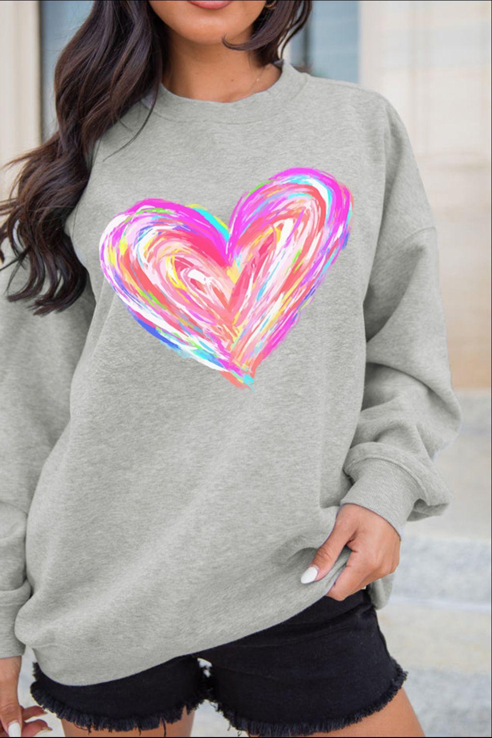 Valentine’s Day Heart Round Neck Drop Shoulder Sweatshirt - Trendy by Luna