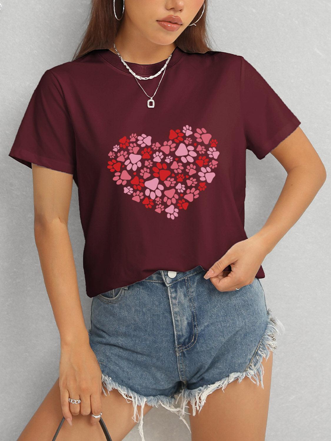 Heart Round Neck Short Sleeve T-Shirt - Trendy by Luna