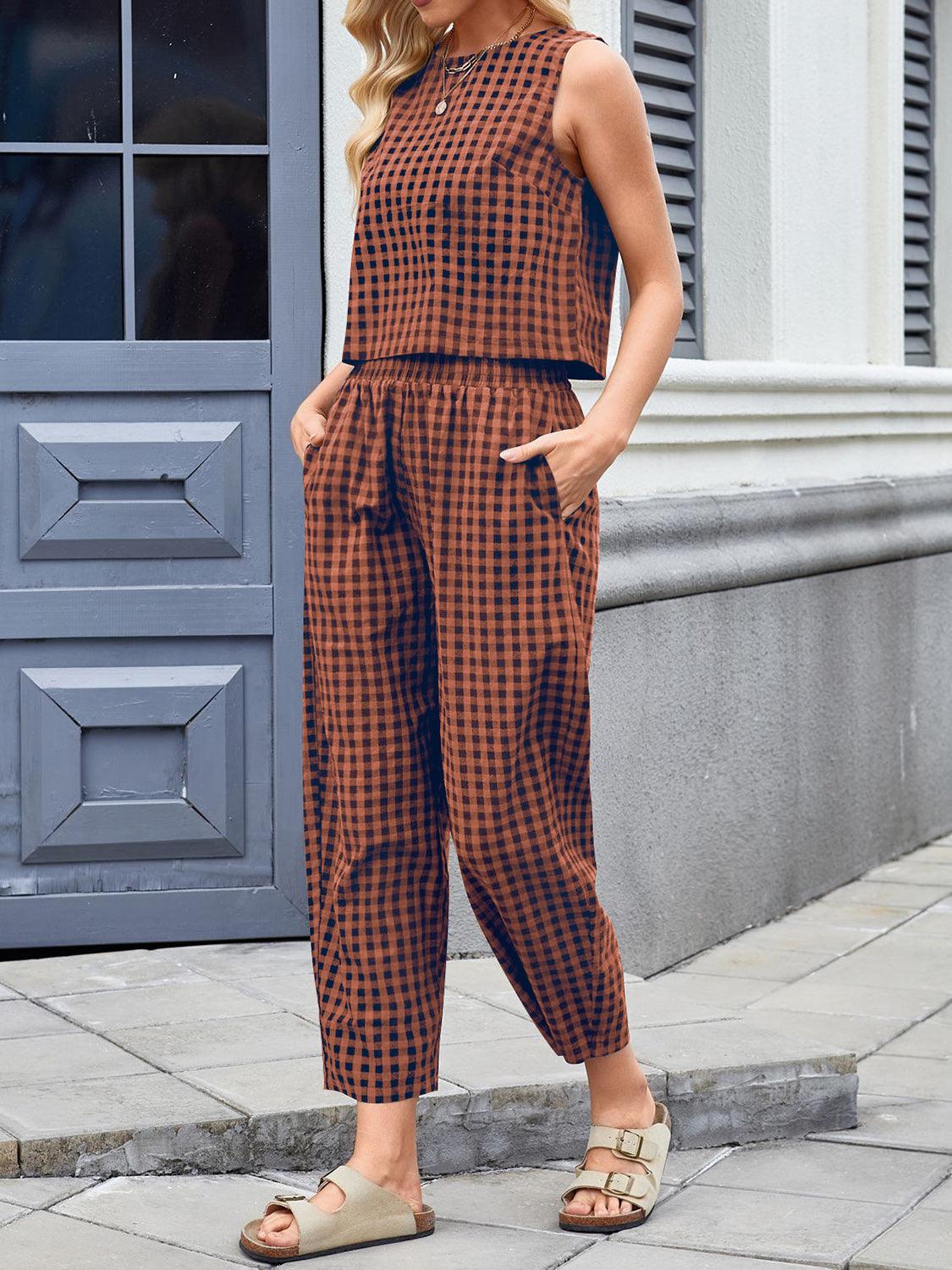 Lovelet Plaid Round Neck Sleeveless Top and Pants Set - Trendy by Luna