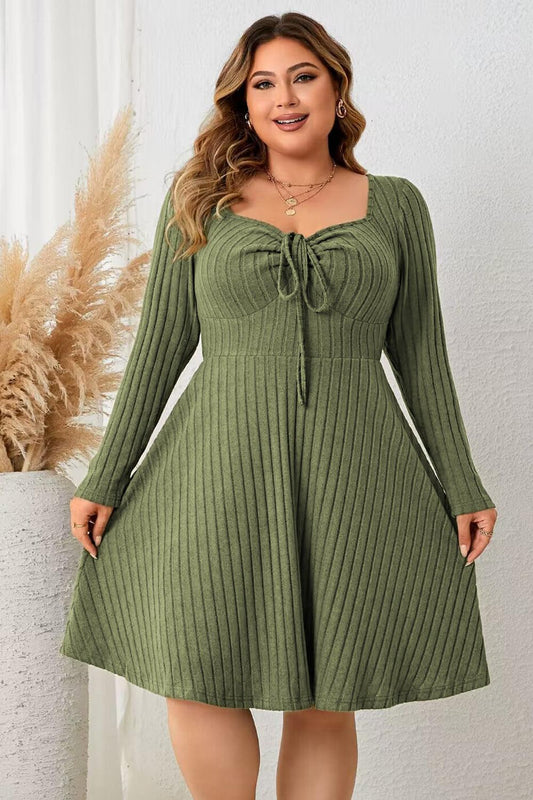 Honey Plus Size Sweetheart Neck Long Sleeve Ribbed Dress - Trendy by Luna