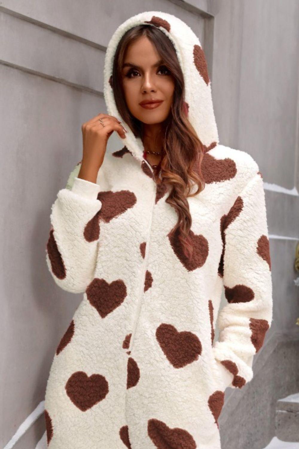 Fuzzy Heart Zip Up Hooded Lounge Jumpsuit - Trendy by Luna