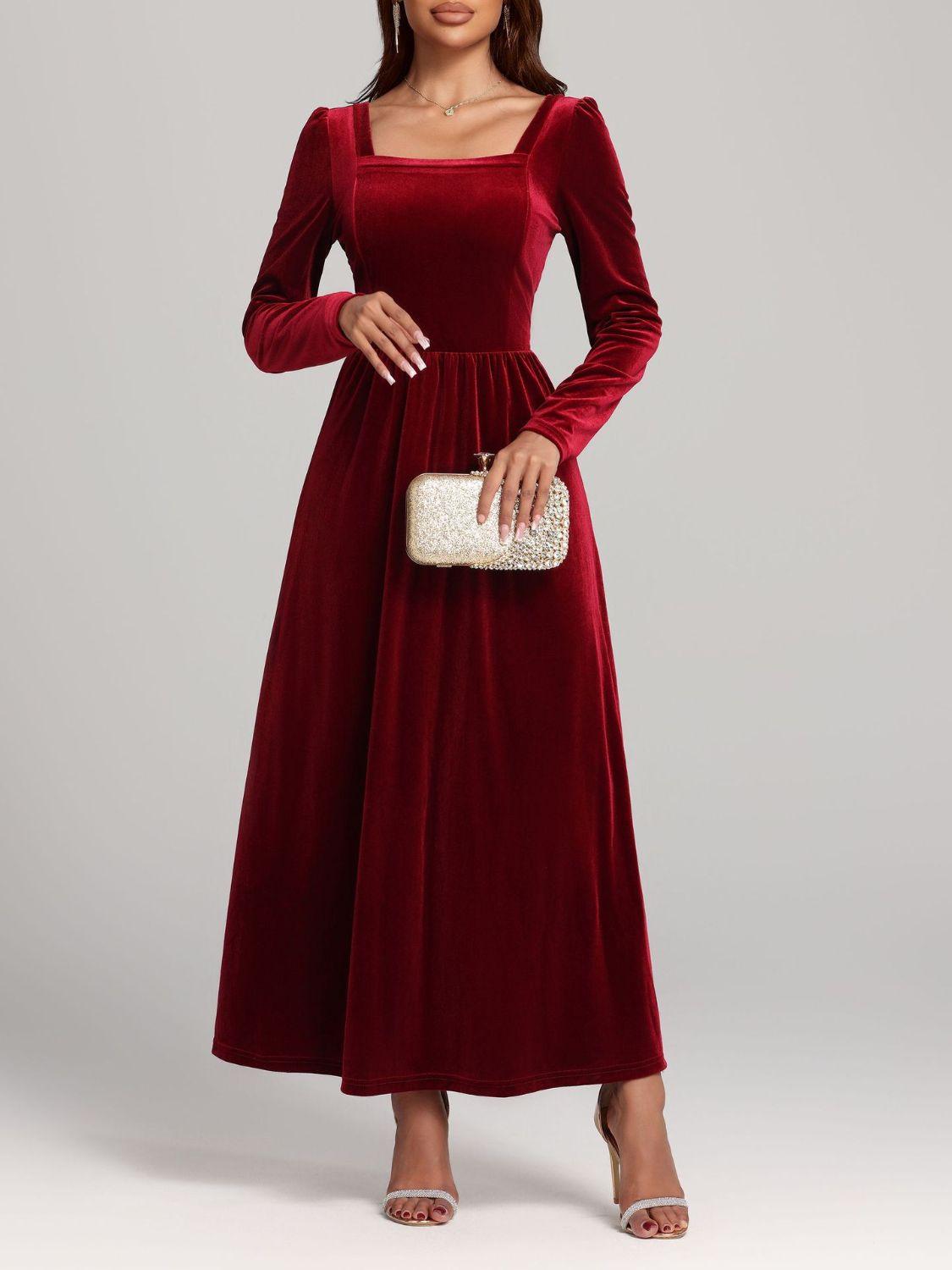 Velvet Square Neck Long Sleeve Dress - Trendy by Luna